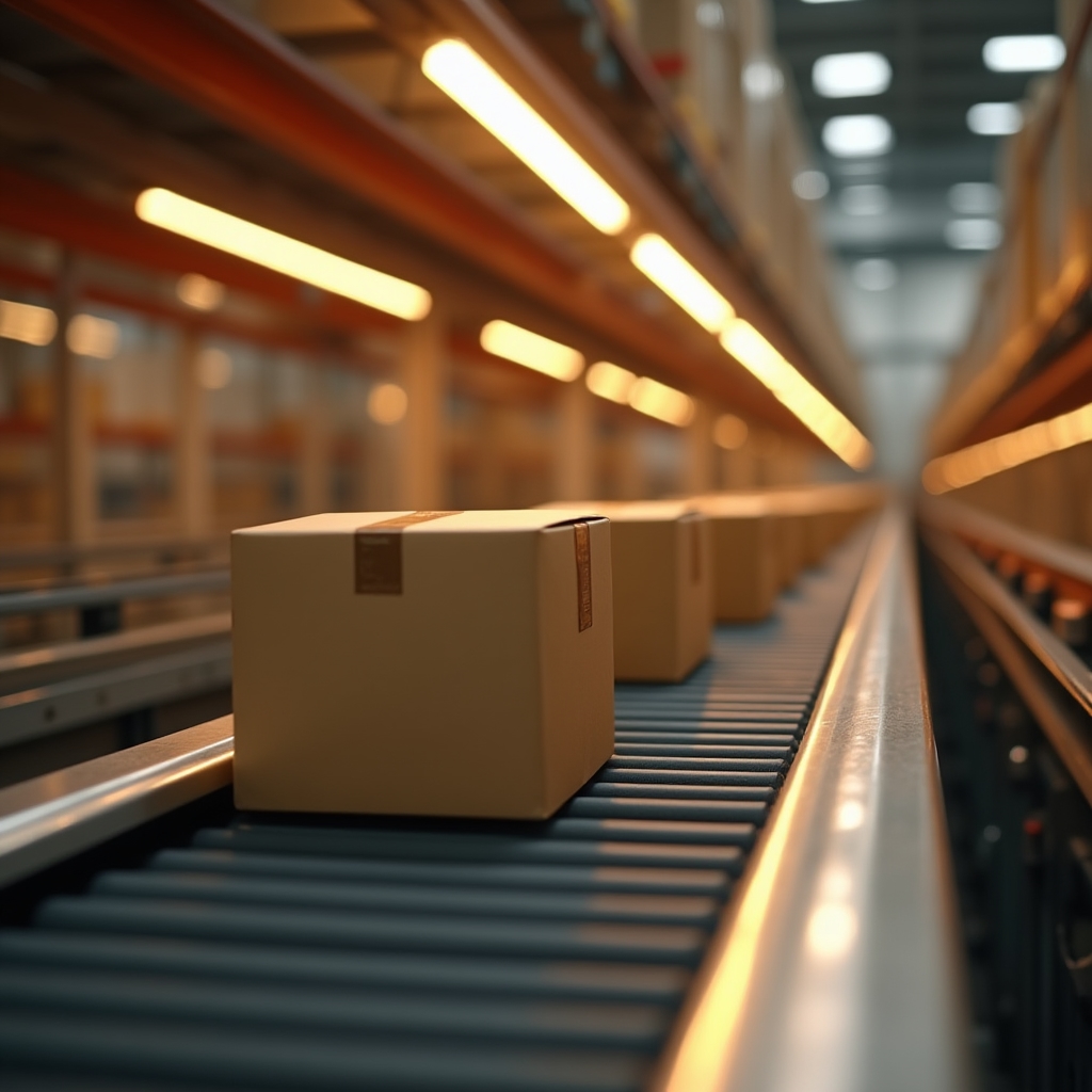 Close-up detail of a warehouse conveyor system carrying packed boxes