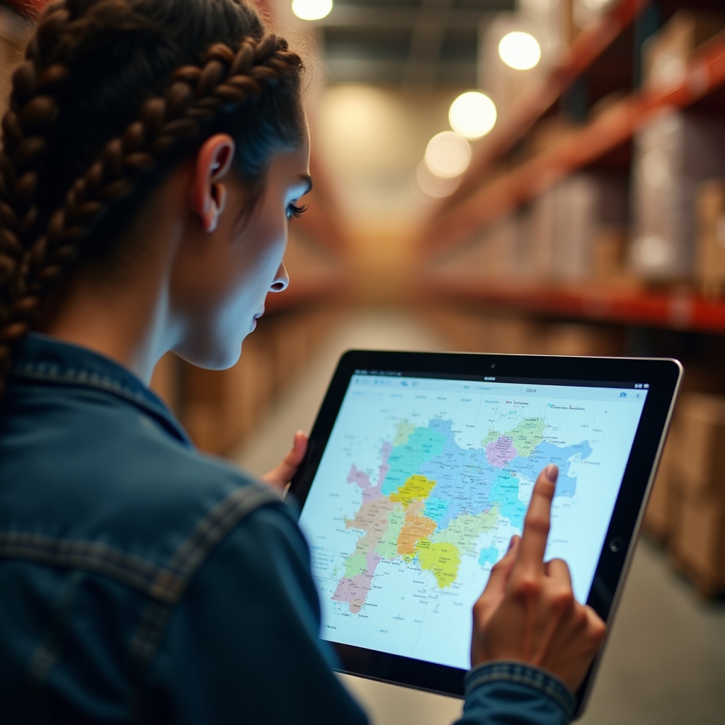 Close-up of a tablet displaying a warehouse zone map during a walkthrough