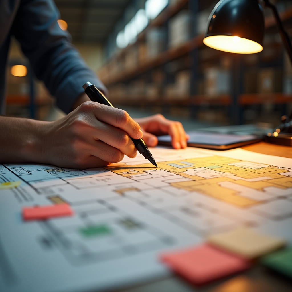 Warehouse planner marking zone changes on a printed layout diagram