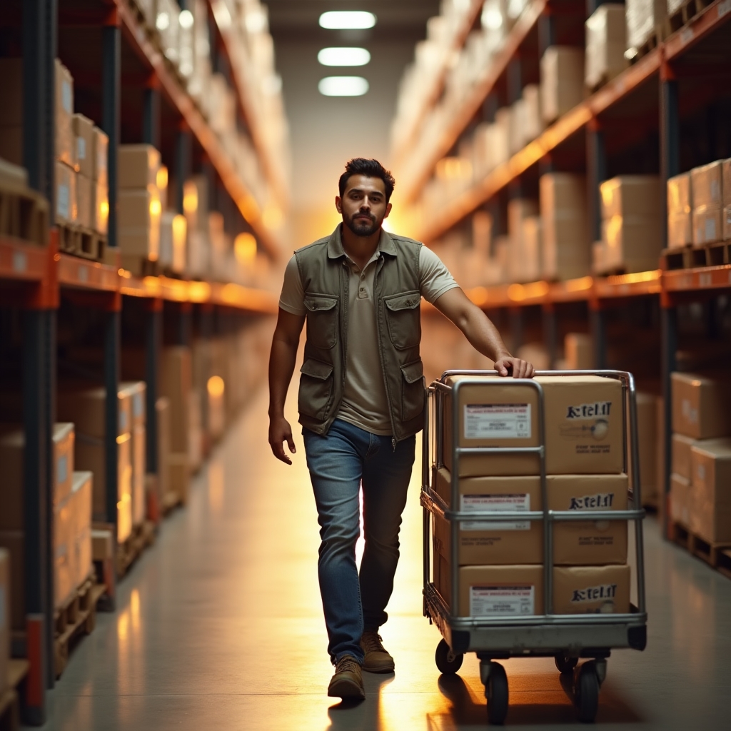 Warehouse worker pushing a multi-order picking cart through a storage aisle