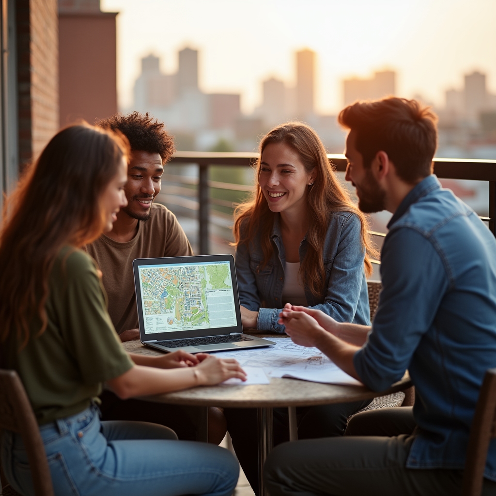 Small team discussing warehouse zoning plans around an outdoor table
