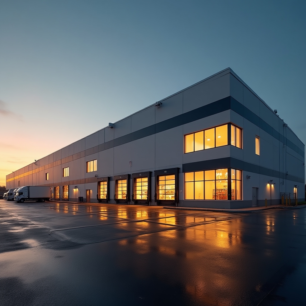 Exterior view of a mid-size distribution warehouse building at dusk