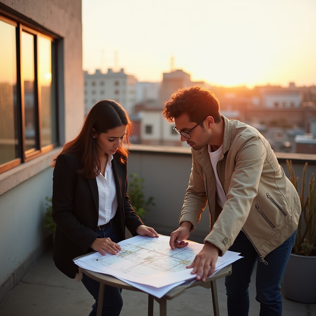 Two colleagues reviewing warehouse plans on a rooftop terrace workspace