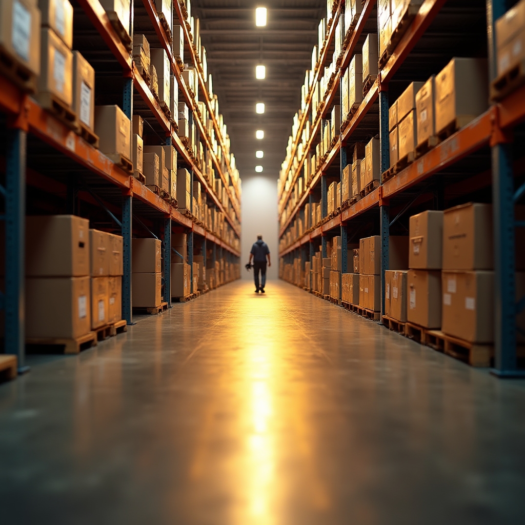 Wide aisle warehouse shelving with organized storage zones